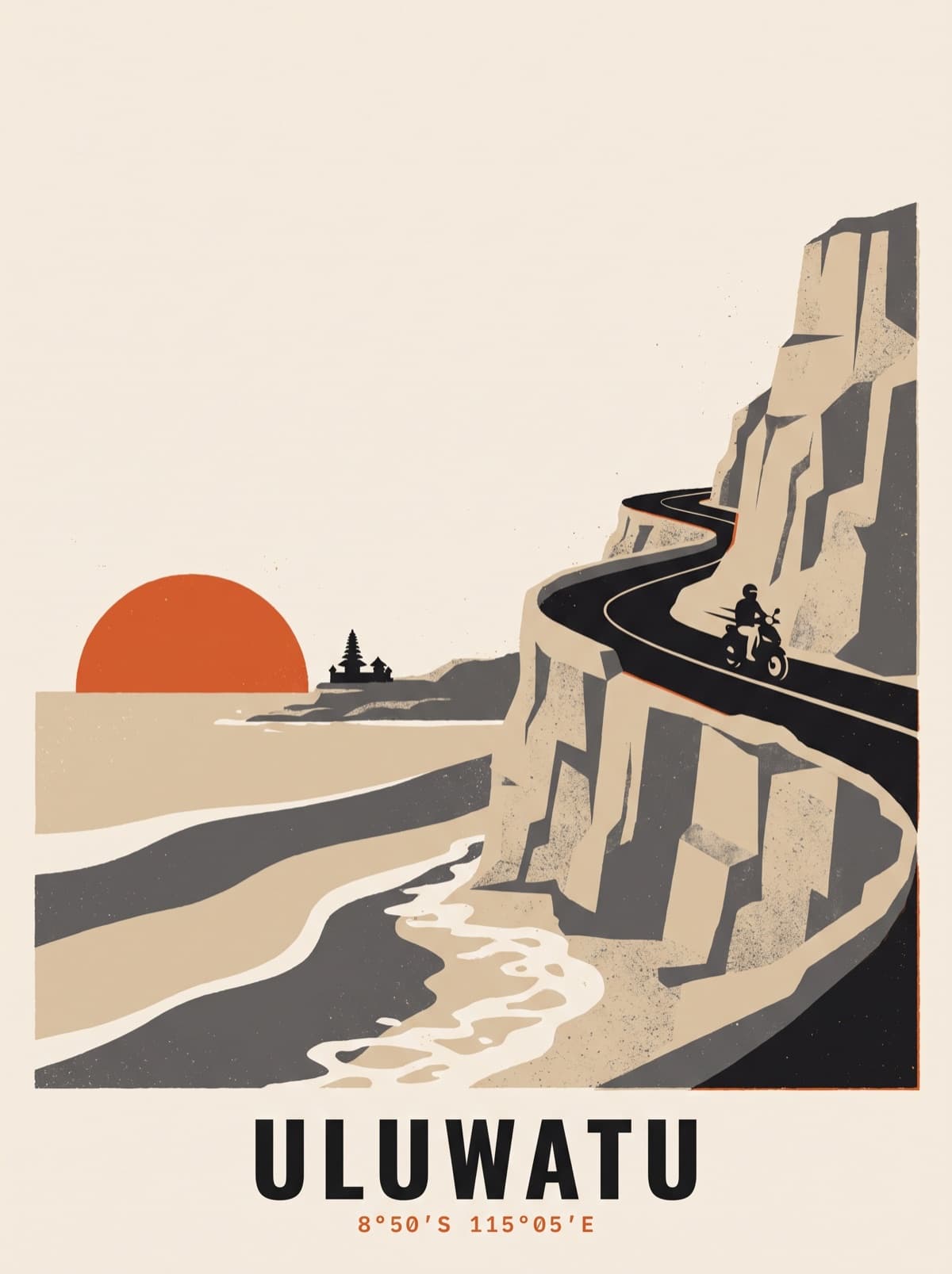 Uluwatu ride poster — screen-print of the cliff run