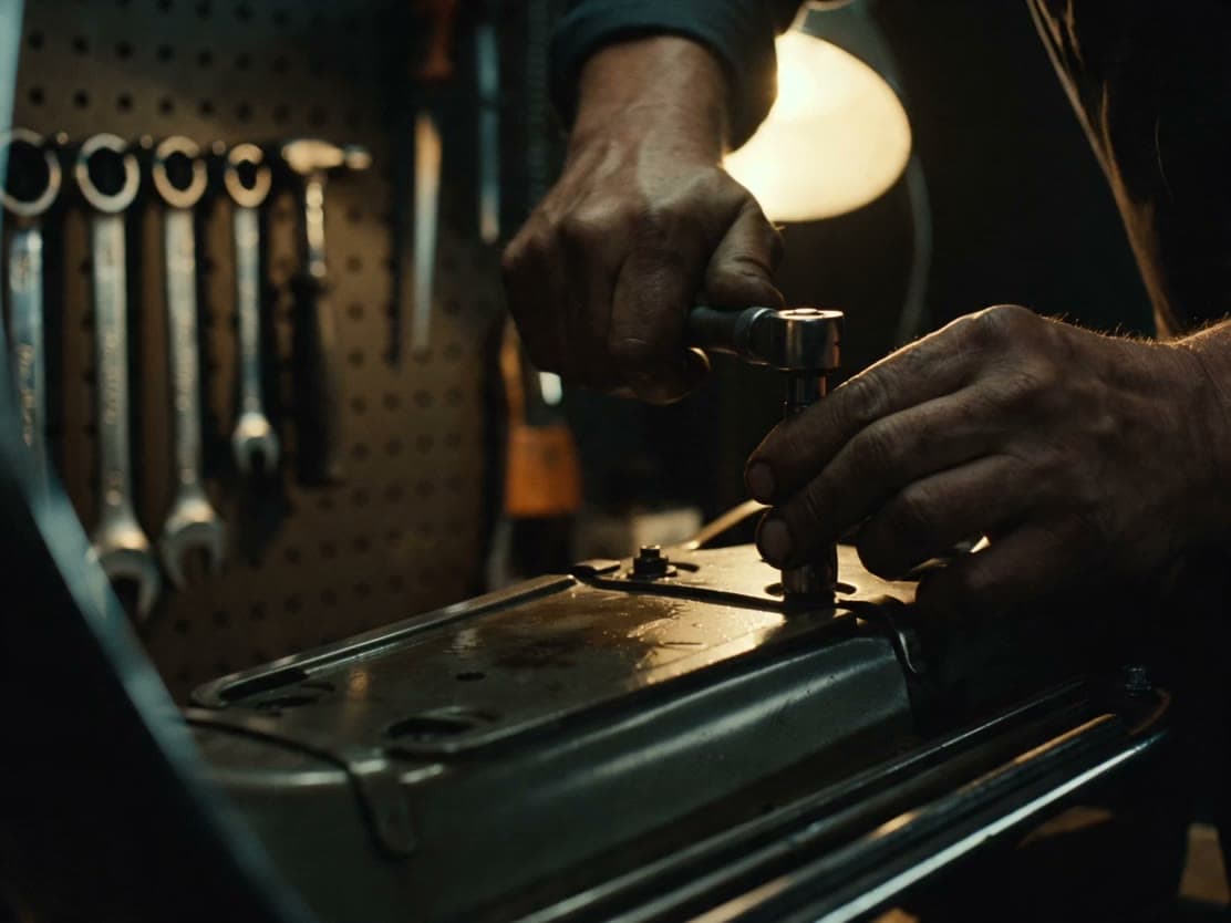 Mechanic's hands torquing a bolt on a scooter engine